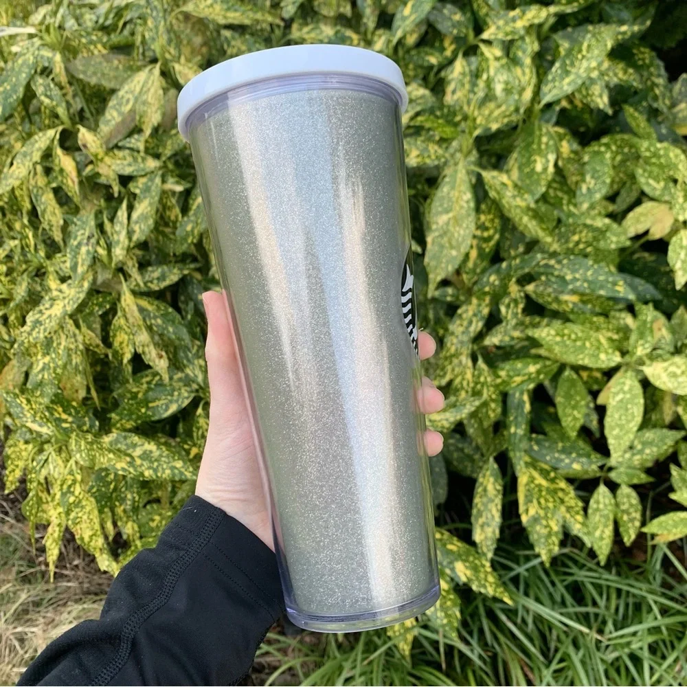 Starbucks White Silver Glitter Tumbler Cold Drink Cup Collectible Holiday 24oz